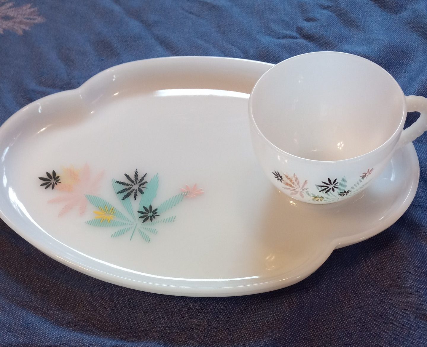 Teacup and Tea Plate White milk glass with retro flowers Roseanna M